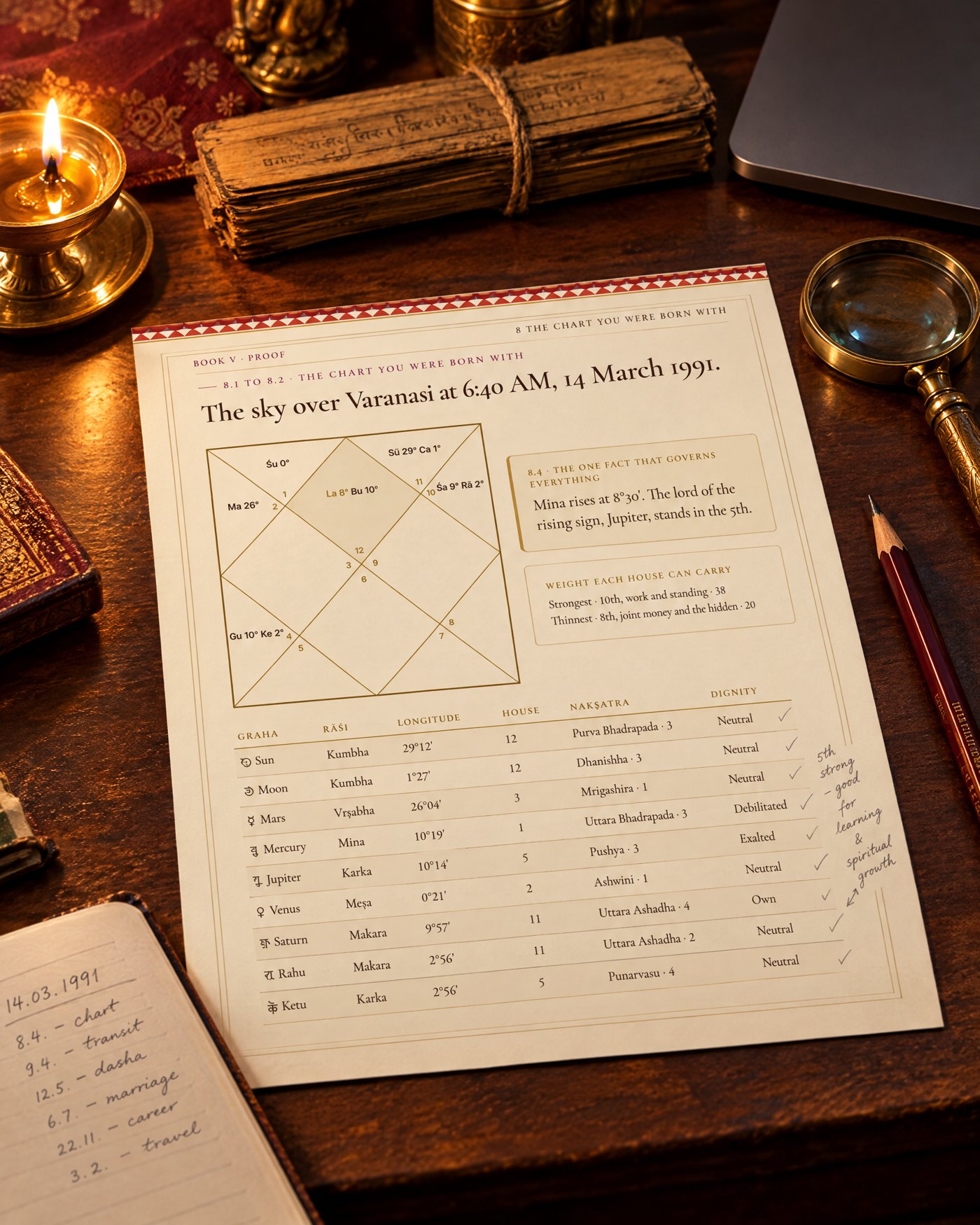 An analyst's desk: a printed birth-chart page with pencil checks and margin notes, palm-leaf manuscripts, a magnifying glass and a diya